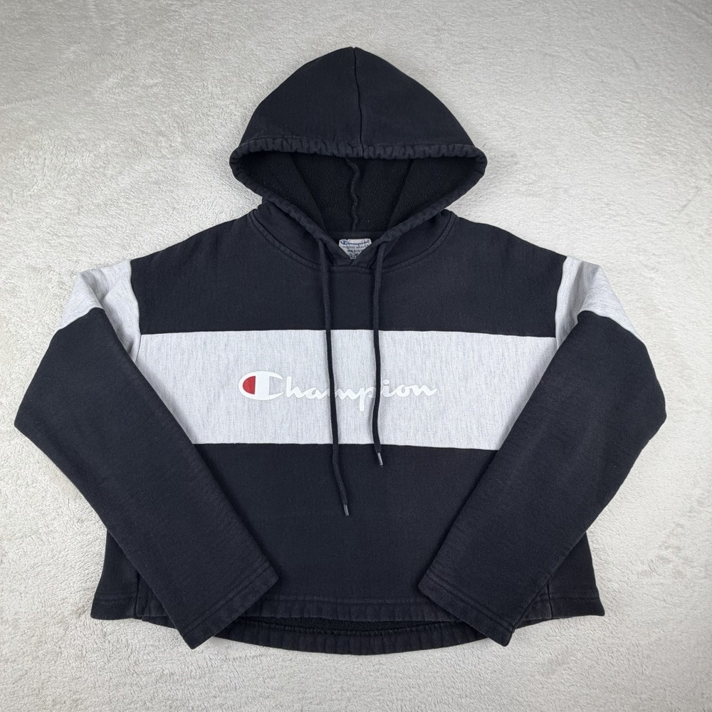 Champion Reverse Weave Hoodie Women's M Cropped Colorblock Script Logo BlackGray